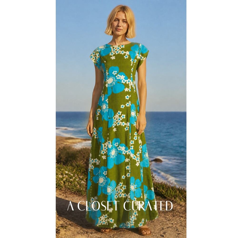 Vintage Kimo’s Hawaiian Maxi Dress Green Blue Floral Made in Hawaii